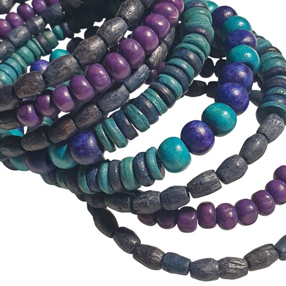 Wooden Beaded Bracelet Set Purple Teal Blue Handmade Stretch Stackable Boho Gift - Picture 2 of 4